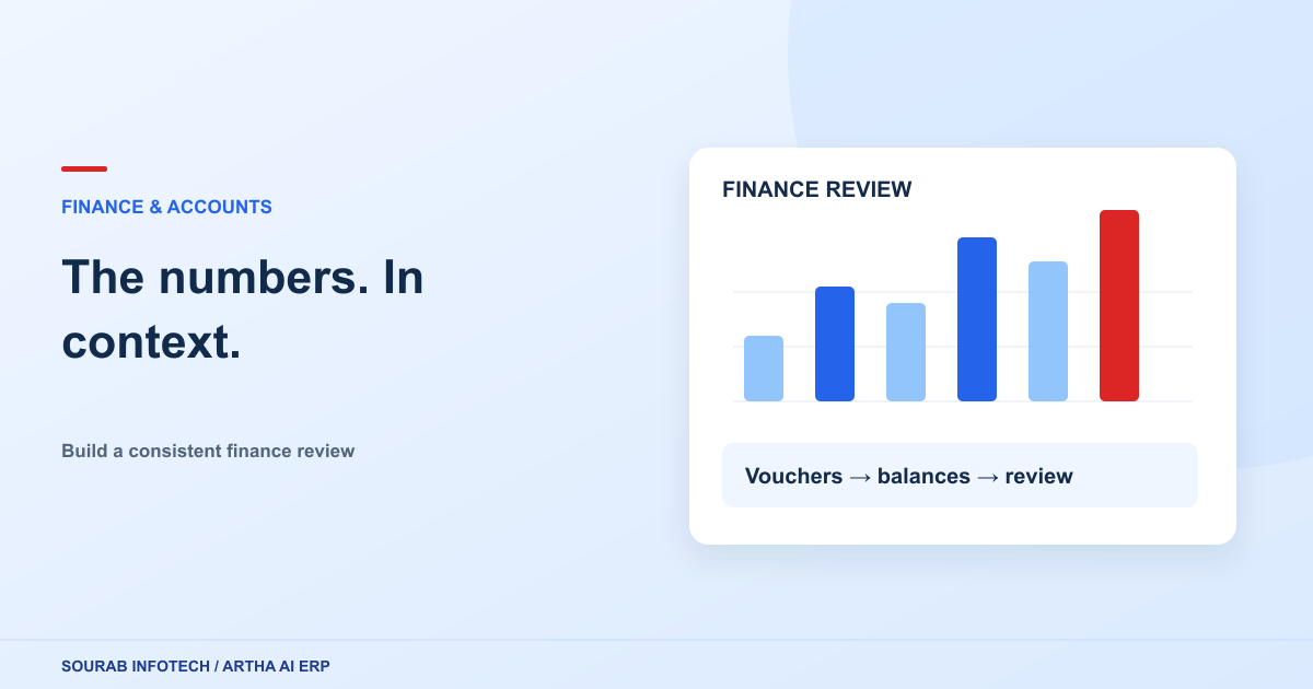 Illustrated finance workspace with a balance chart, vouchers and a reconciliation checklist