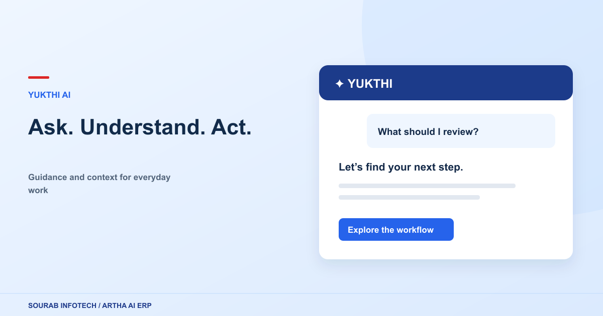 Yukthi AI assistant illustration connecting a question to guidance, insights and a reviewed action